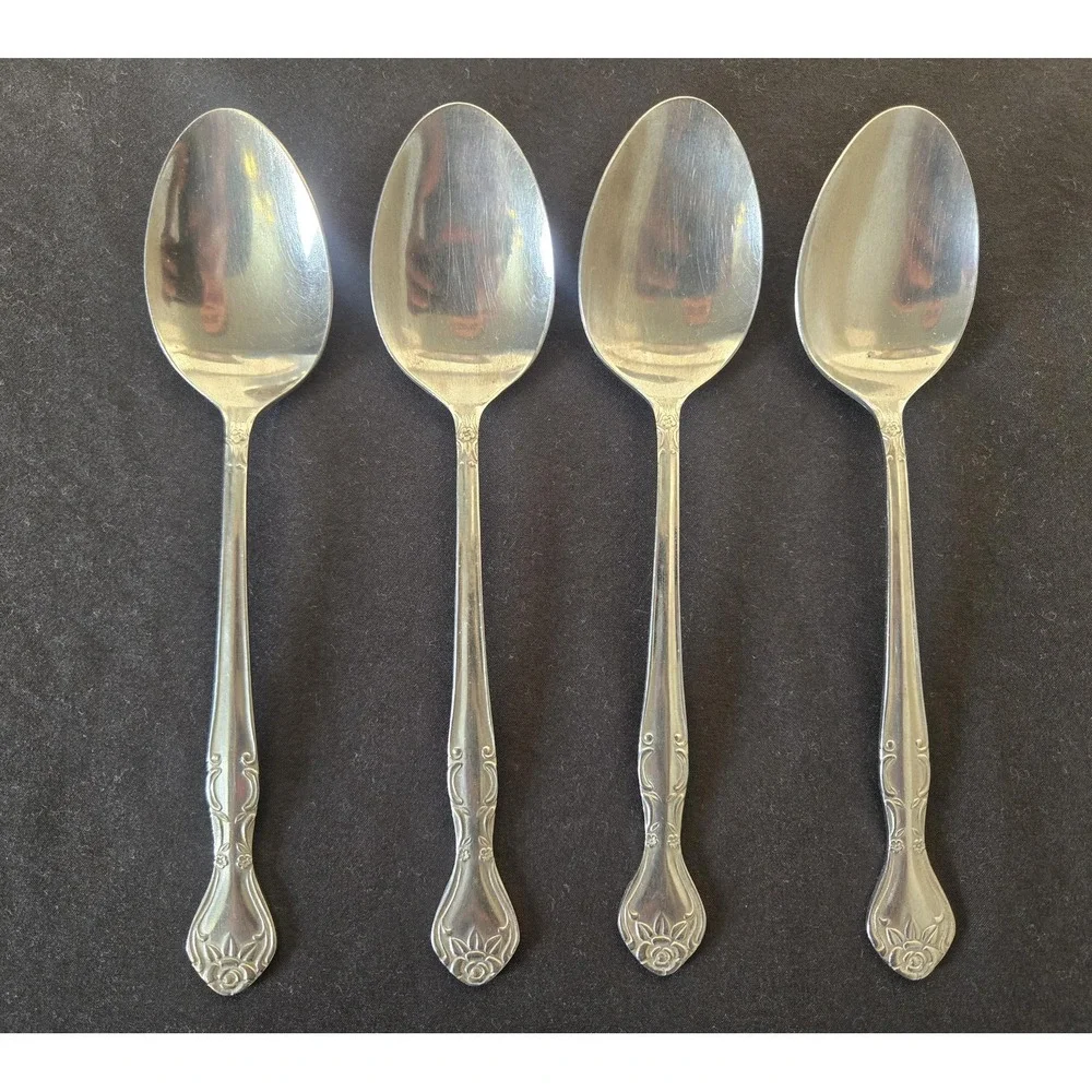 4 Vintage National Stainless Norma Rose Daisy Motif Tablespoons 7.5